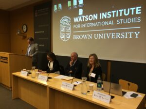 Seated left to right: Rebeca Grynspan, Secretary General of the Iberoamerican Secretariat, Ricardo Lagos, former president of Chile, and Nora Lustig. 
